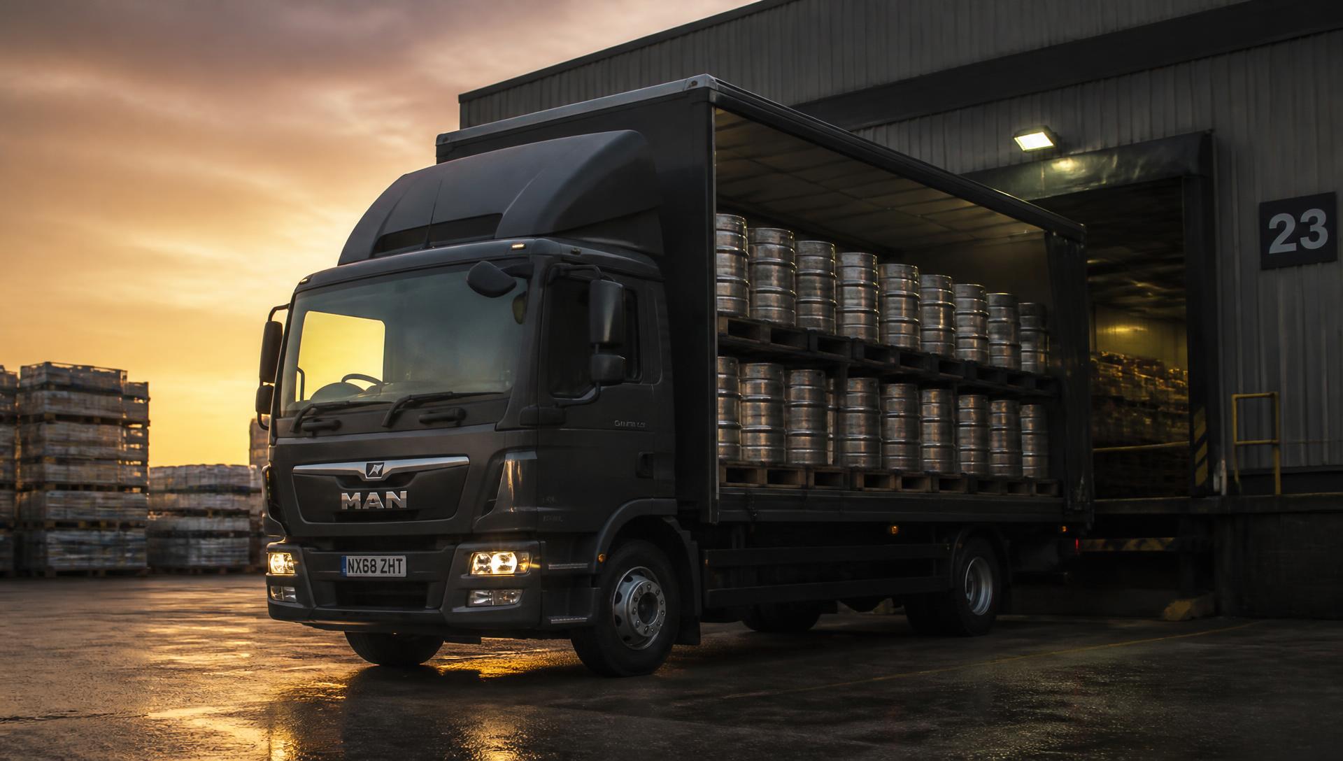 Brew Route delivery lorry loaded with beer kegs at a warehouse loading bay