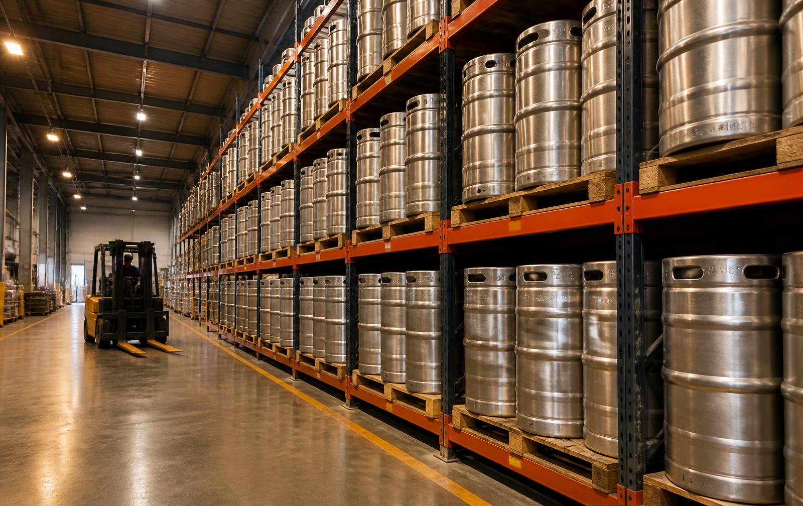 Stainless steel beer kegs stored on racking in the Brew Route Haywards Heath warehouse